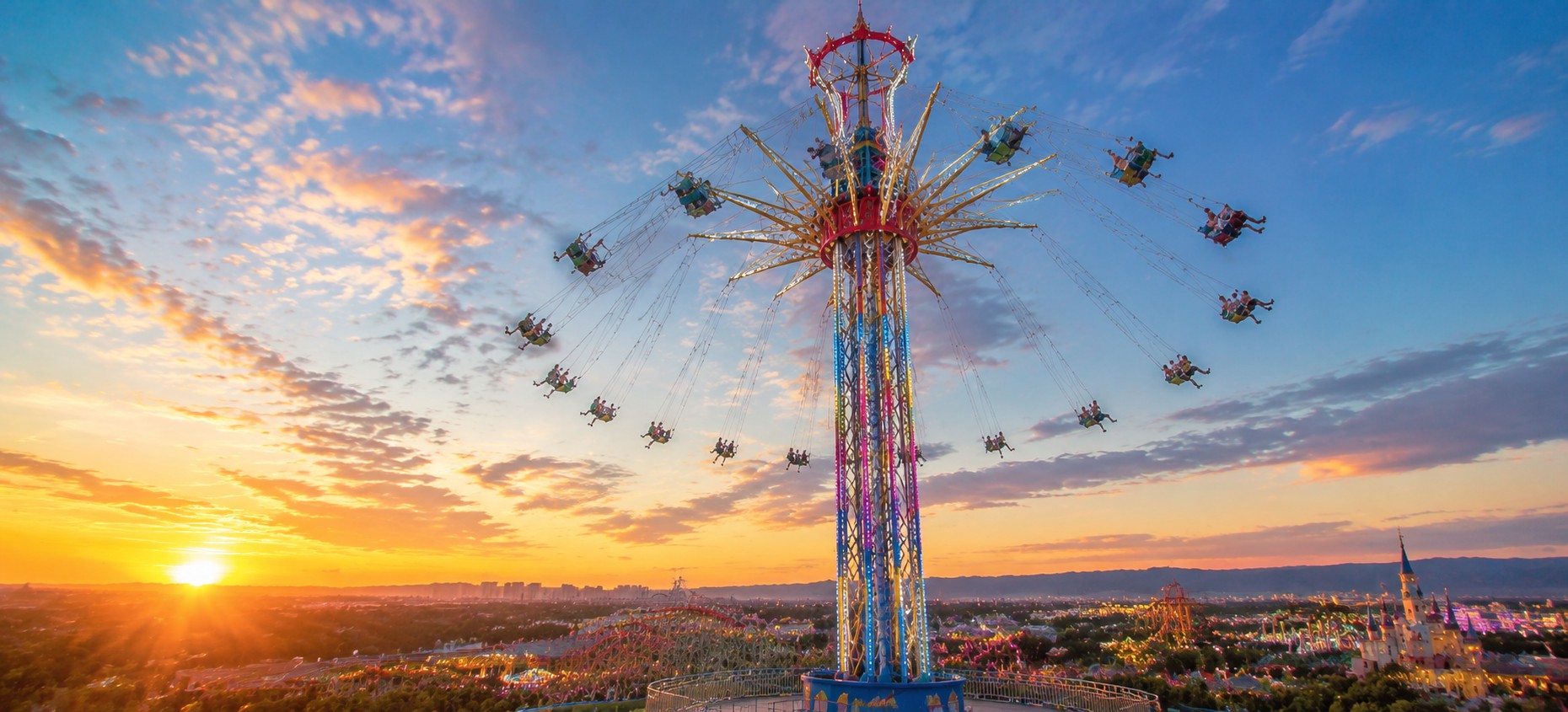 amusement park sky flyer ride lighting and seats